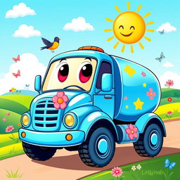 A colorful cartoon illustration of a cheerful water truck, featuring a bright blue body with large, friendly eyes on the windshield