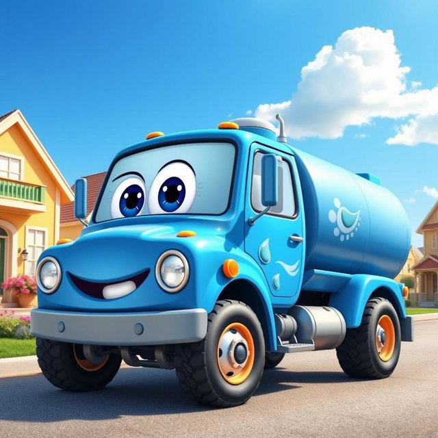A whimsical cartoon illustration of a blue water truck with a cheerful, smiling face on the front