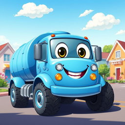 A whimsical cartoon illustration of a blue water truck with a cheerful, smiling face on the front