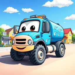 A whimsical cartoon illustration of a blue water truck with a cheerful, smiling face on the front