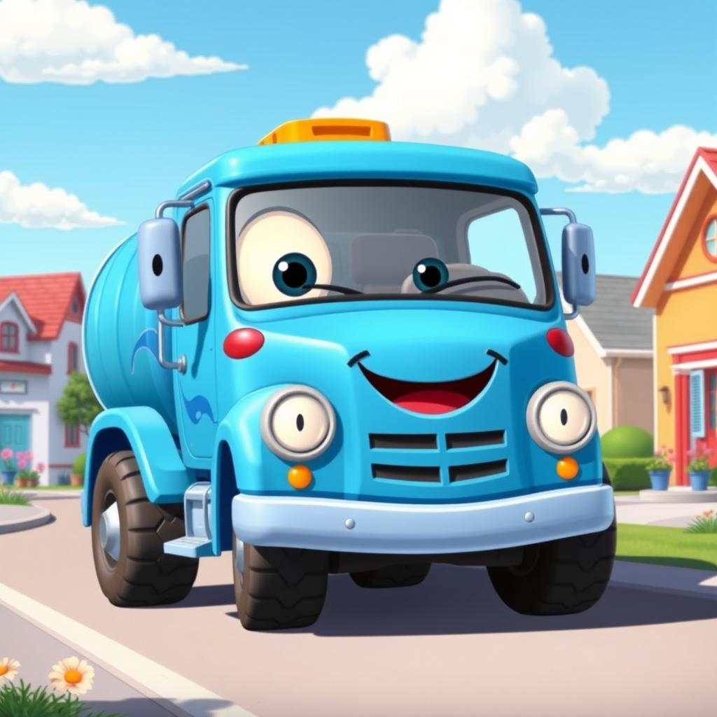 A whimsical cartoon illustration of a blue water truck with a cheerful, smiling face on the front