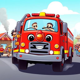 A lively cartoon illustration of a bright red fire truck in action, fully equipped with ladders and hoses ready for emergency response