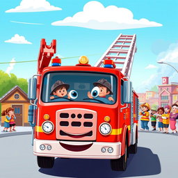 A lively cartoon illustration of a bright red fire truck in action, fully equipped with ladders and hoses ready for emergency response