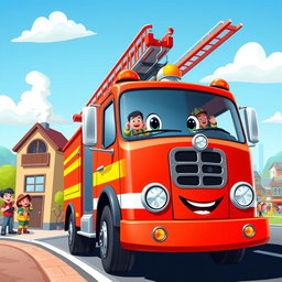 A lively cartoon illustration of a bright red fire truck in action, fully equipped with ladders and hoses ready for emergency response