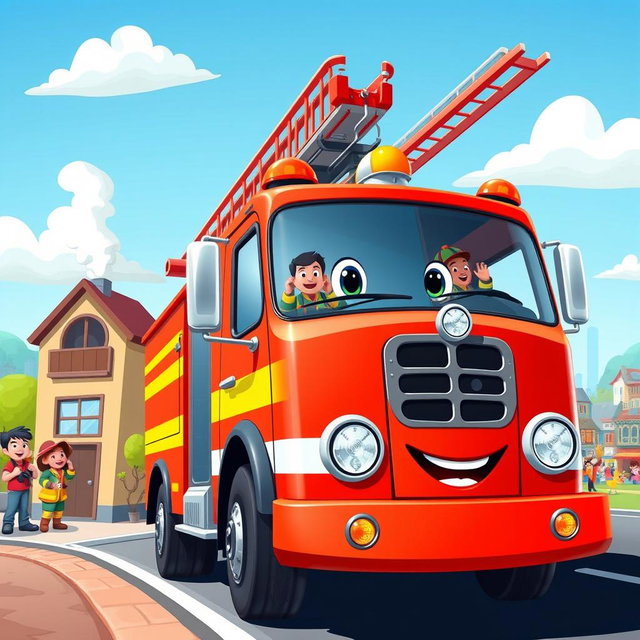 A lively cartoon illustration of a bright red fire truck in action, fully equipped with ladders and hoses ready for emergency response
