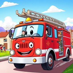 A lively cartoon illustration of a bright red fire truck in action, fully equipped with ladders and hoses ready for emergency response