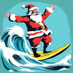 A playful, cartoon-style Santa Claus surfing a wave, presented in the eye-catching and vibrant pop art style of Andy Warhol.