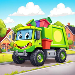 A lively cartoon illustration of a colorful rubbish truck in action, designed with a bright green body and a friendly face on the front
