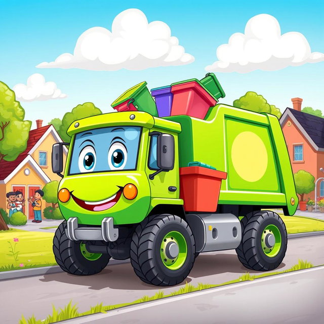 A lively cartoon illustration of a colorful rubbish truck in action, designed with a bright green body and a friendly face on the front