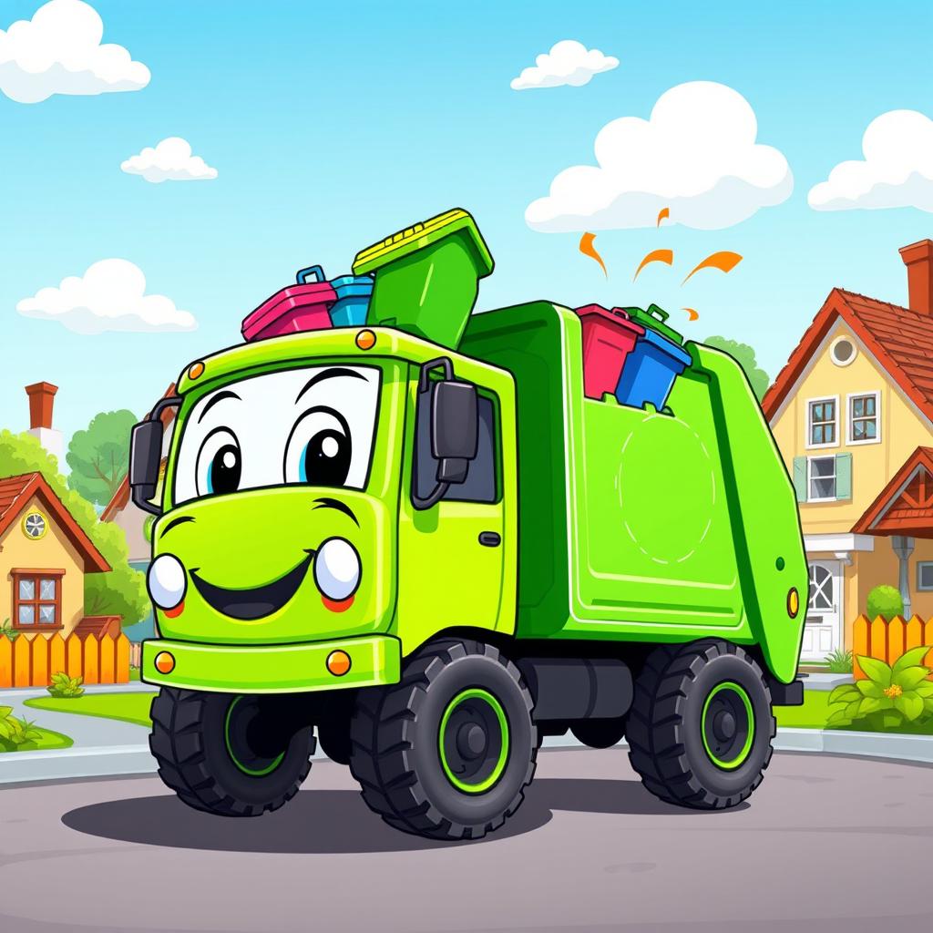 A lively cartoon illustration of a colorful rubbish truck in action, designed with a bright green body and a friendly face on the front