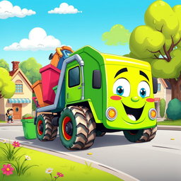 A lively cartoon illustration of a colorful rubbish truck in action, designed with a bright green body and a friendly face on the front