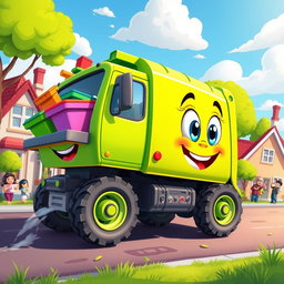 A lively cartoon illustration of a colorful rubbish truck in action, designed with a bright green body and a friendly face on the front
