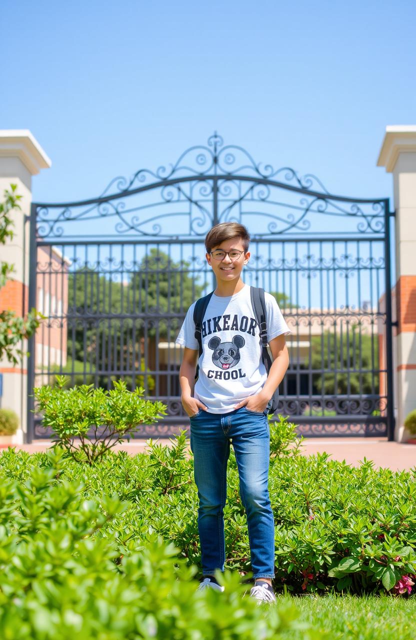 A high school student standing confidently in front of a large, modern school gate