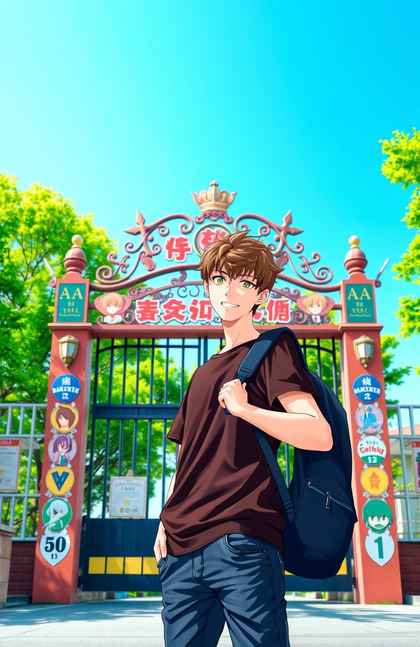 A high school student standing confidently in front of an anime-themed school gate