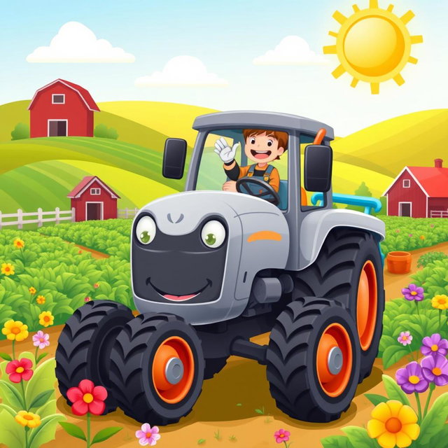 A charming cartoon illustration of a grey tractor in action, featuring a friendly face on the front grill and large, expressive eyes on the windshield