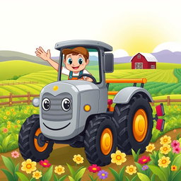 A charming cartoon illustration of a grey tractor in action, featuring a friendly face on the front grill and large, expressive eyes on the windshield