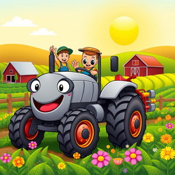 A charming cartoon illustration of a grey tractor in action, featuring a friendly face on the front grill and large, expressive eyes on the windshield