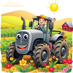 A charming cartoon illustration of a grey tractor in action, featuring a friendly face on the front grill and large, expressive eyes on the windshield