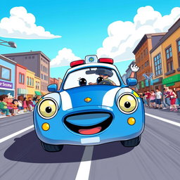 A vibrant cartoon illustration of a police car in action, featuring a bold blue and white design with a smiling face on the front