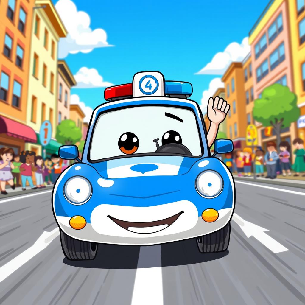A vibrant cartoon illustration of a police car in action, featuring a bold blue and white design with a smiling face on the front