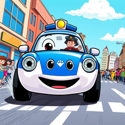 A vibrant cartoon illustration of a police car in action, featuring a bold blue and white design with a smiling face on the front