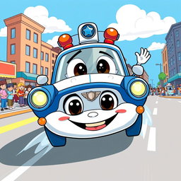 A vibrant cartoon illustration of a police car in action, featuring a bold blue and white design with a smiling face on the front