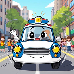 A cheerful cartoon illustration of a police car on the job, featuring a classic blue and white design with a big smiling face on the front