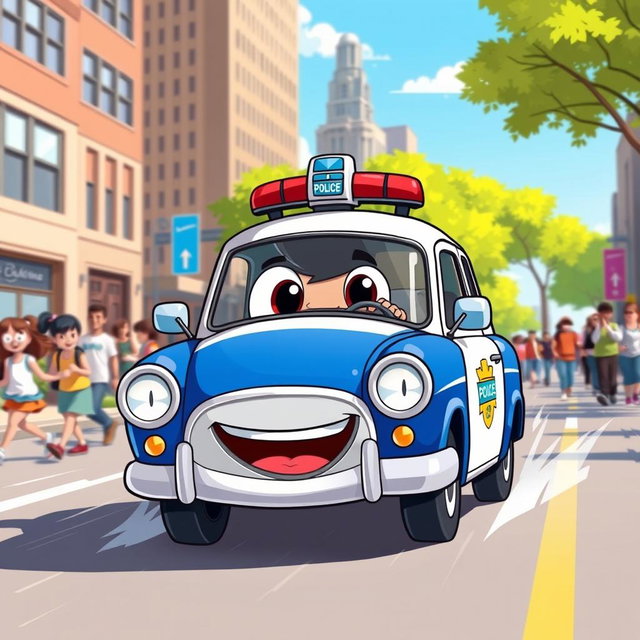 A cheerful cartoon illustration of a police car on the job, featuring a classic blue and white design with a big smiling face on the front