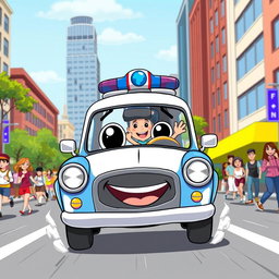 A cheerful cartoon illustration of a police car on the job, featuring a classic blue and white design with a big smiling face on the front