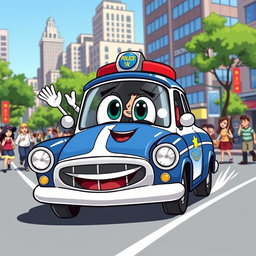 A cheerful cartoon illustration of a police car on the job, featuring a classic blue and white design with a big smiling face on the front