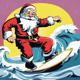 A playful, cartoon-style Santa Claus surfing a wave, presented in the eye-catching and vibrant pop art style of Andy Warhol.