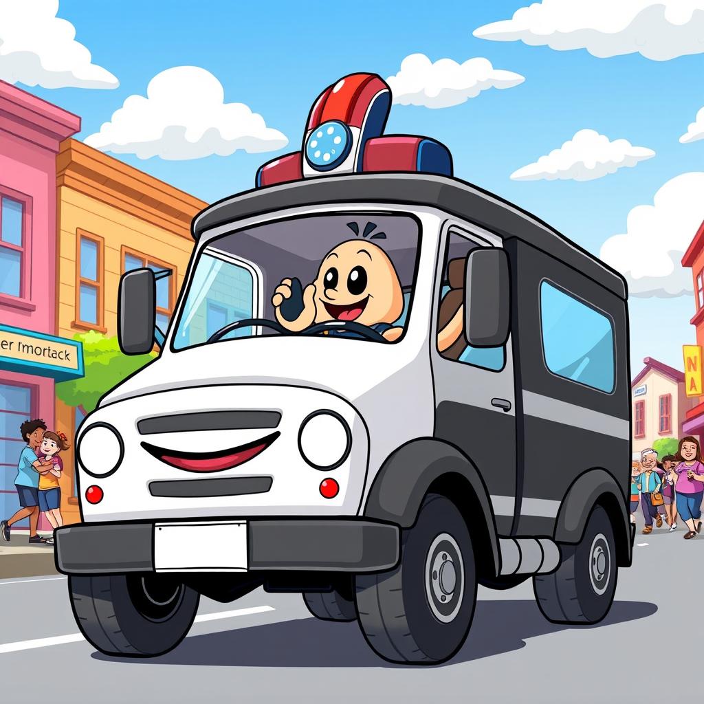 A fun cartoon illustration of a police truck in action, featuring a bold black and white design with a jovial expression on the front