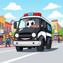 A fun cartoon illustration of a police truck in action, featuring a bold black and white design with a jovial expression on the front