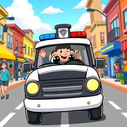 A fun cartoon illustration of a police truck in action, featuring a bold black and white design with a jovial expression on the front