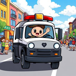A fun cartoon illustration of a police truck in action, featuring a bold black and white design with a jovial expression on the front