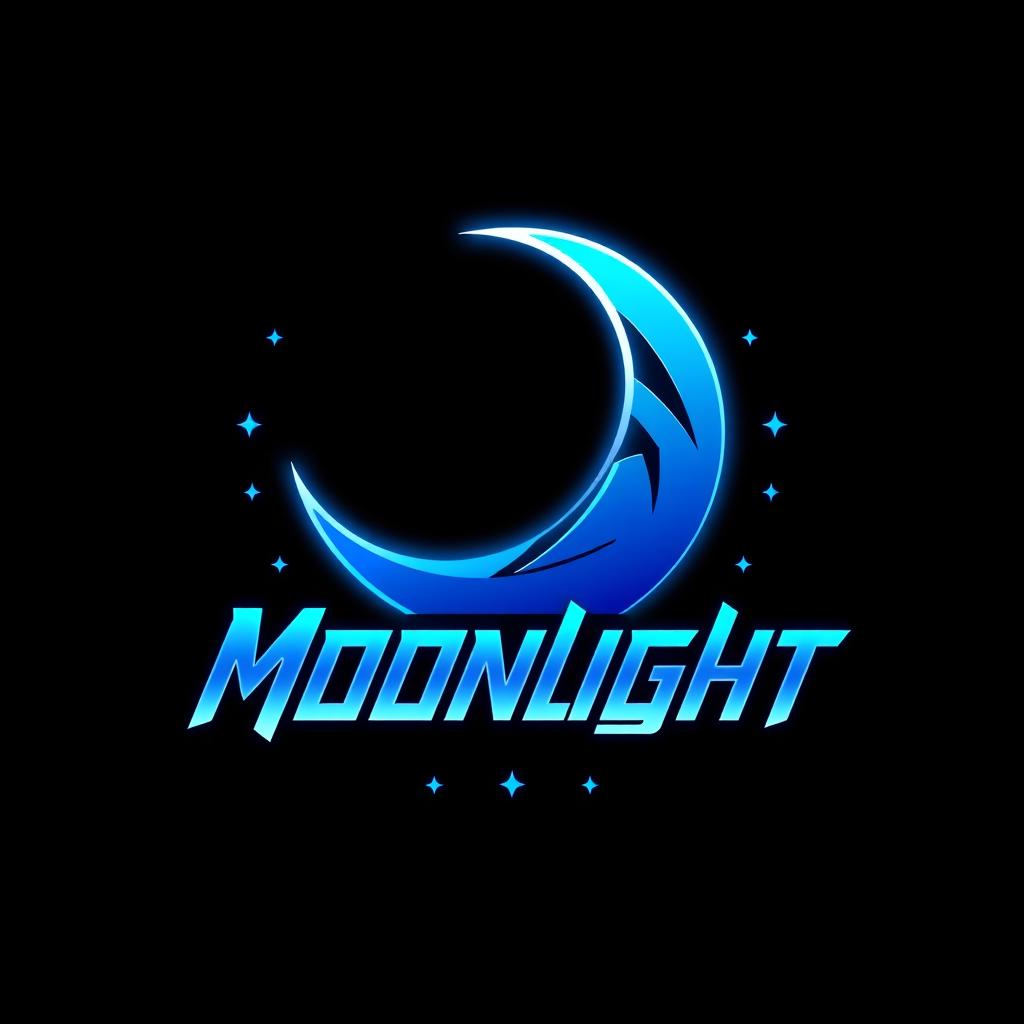 A logo design for a gaming squad called 'Moonlight', featuring a bold, stylized crescent moon in a striking blue color set against a deep black background