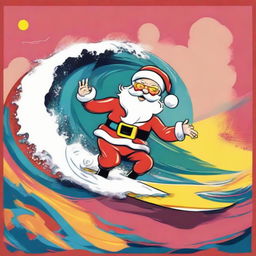 A playful, cartoon-style Santa Claus surfing a wave, presented in the eye-catching and vibrant pop art style of Andy Warhol.