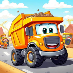 A cheerful cartoon illustration of an orange dump truck in action, featuring a friendly smiling face on the front and large expressive eyes on the windshield