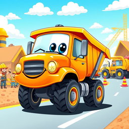 A cheerful cartoon illustration of an orange dump truck in action, featuring a friendly smiling face on the front and large expressive eyes on the windshield
