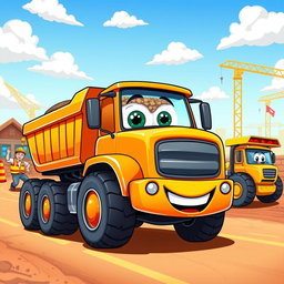 A cheerful cartoon illustration of an orange dump truck in action, featuring a friendly smiling face on the front and large expressive eyes on the windshield