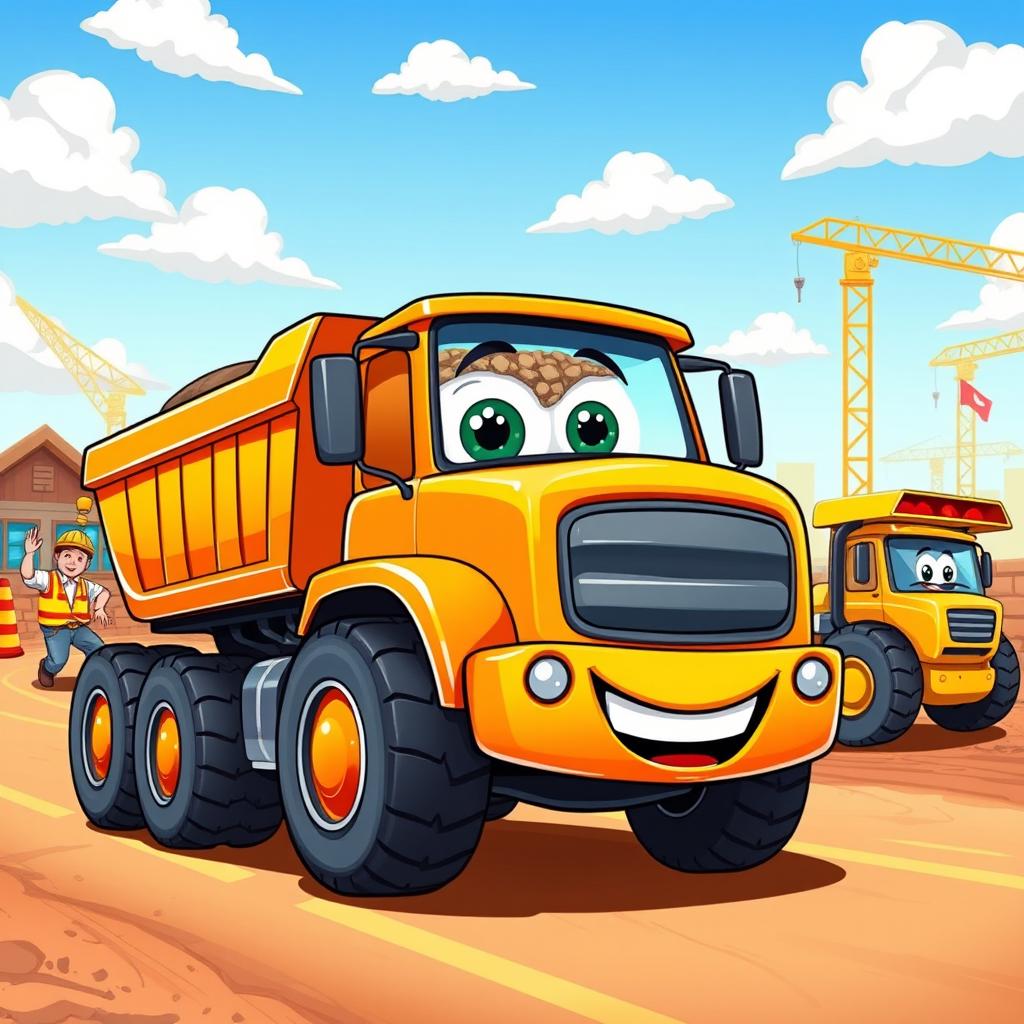 A cheerful cartoon illustration of an orange dump truck in action, featuring a friendly smiling face on the front and large expressive eyes on the windshield