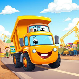 A cheerful cartoon illustration of an orange dump truck in action, featuring a friendly smiling face on the front and large expressive eyes on the windshield