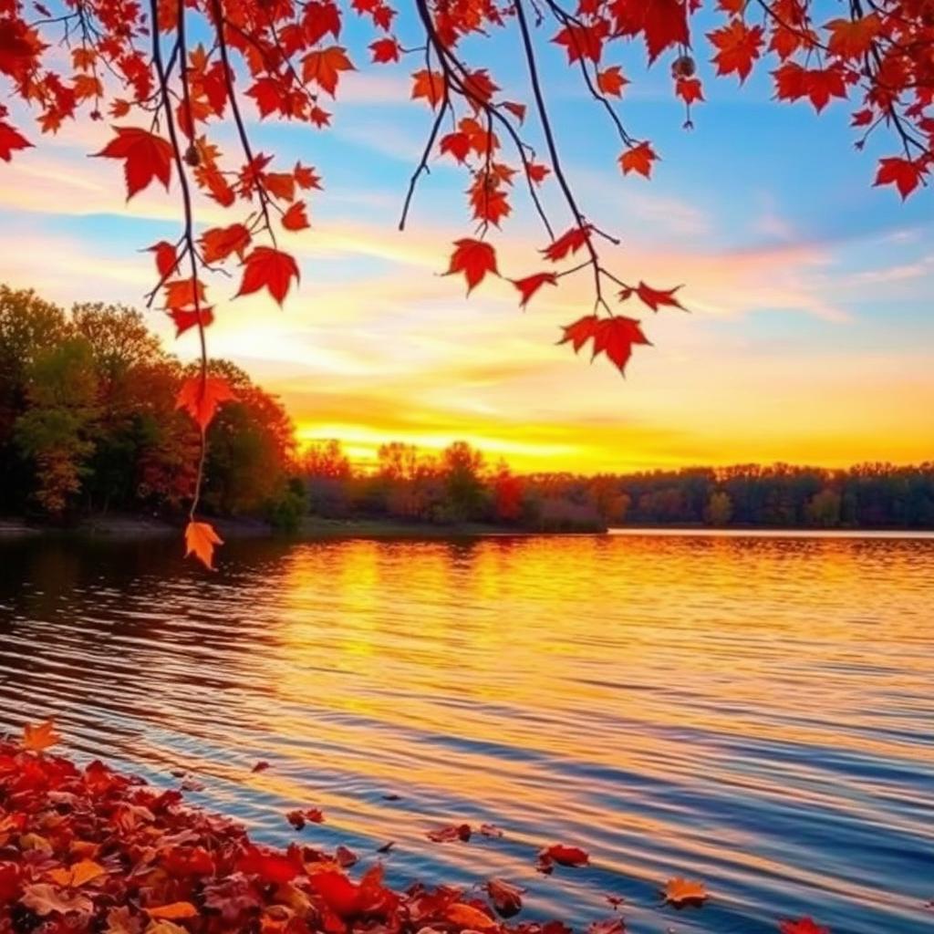 An enchanting autumn landscape featuring a serene lakeside scene with a gently rippling surface reflecting the warm hues of a vibrant sunset
