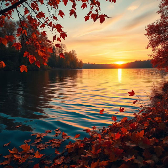 An enchanting autumn landscape featuring a serene lakeside scene with a gently rippling surface reflecting the warm hues of a vibrant sunset