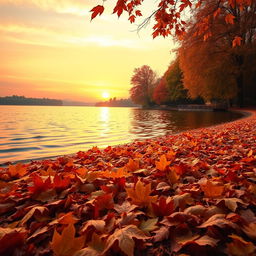 An enchanting autumn landscape featuring a serene lakeside scene with a gently rippling surface reflecting the warm hues of a vibrant sunset