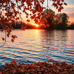 An enchanting autumn landscape featuring a serene lakeside scene with a gently rippling surface reflecting the warm hues of a vibrant sunset