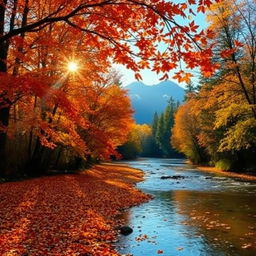 A serene autumn landscape featuring a tranquil river flowing through a forest