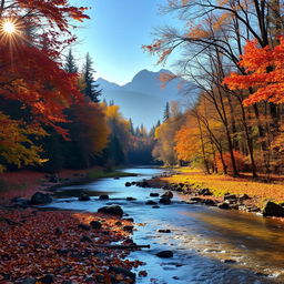 A serene autumn landscape featuring a tranquil river flowing through a forest