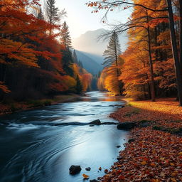 A serene autumn landscape featuring a tranquil river flowing through a forest