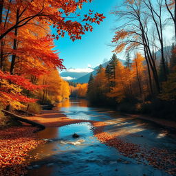 A serene autumn landscape featuring a tranquil river flowing through a forest